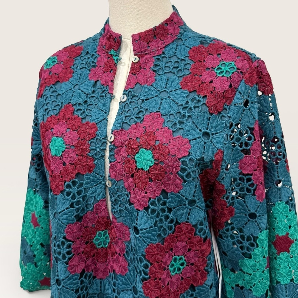 J. Marie Asher XS Floral Lace 3/4 Sleeve Kaftan Short Dress Wine/Blue/Green NWT - Picture 13 of 16